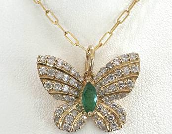 14k Diamond and Emerald Butterfly Pendant